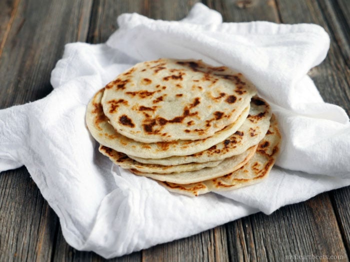 3-ingredient Paleo Naan by Ashley of MyHeartBeets.com - use this as a flatbread, tortilla, or crepe!!