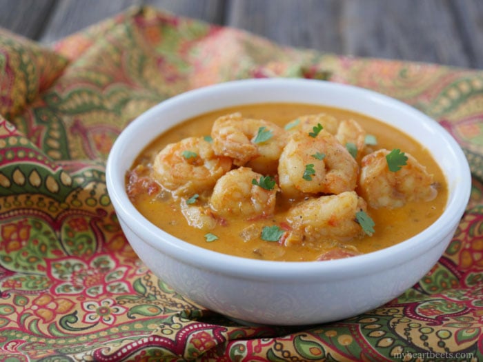 This Indian Shrimp Curry is paleo, dairy-free and delicious!! Recipe by Ashley of MyHeartBeets.com