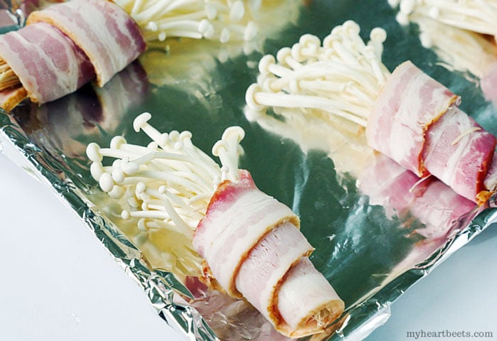 bacon bouquet (bacon wrapped enoki mushrooms) by myheartbeets.com