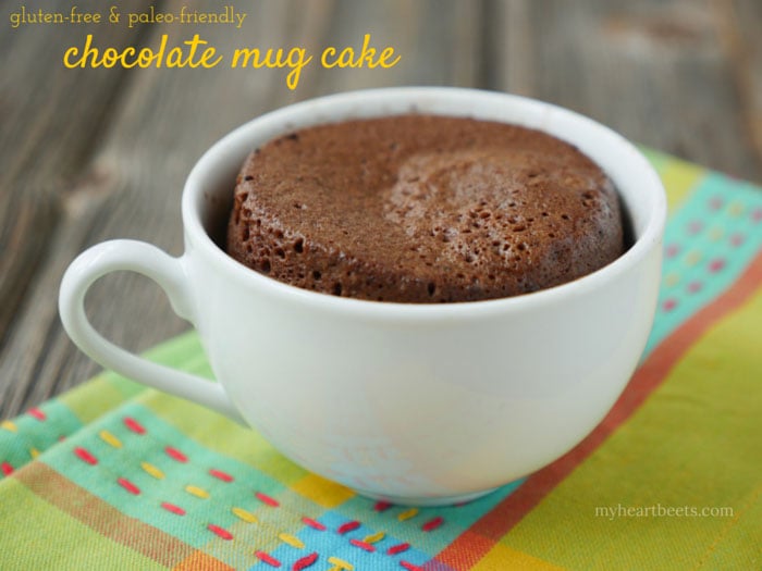 Chocolate Mug Cake - takes minutes to make in the microwave. Gluten-free, Paleo-friendly. Recipe on myheartbeets.com