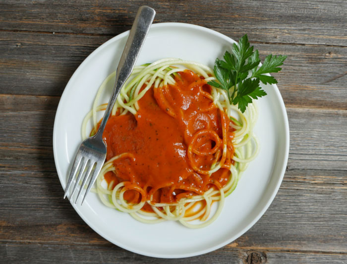 Zoodles (zucchini noodles) with Paleo Vodka Sauce by MyHeartBeets.com