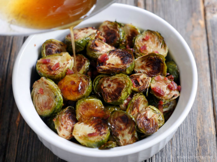 Roasted Brussels Sprouts with Bacon Crumbles and Apple Cider Glaze by Ashley of MyHeartBeets.com 