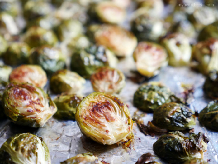 Roasted Brussels Sprouts with Bacon Crumbles and Apple Cider Glaze by Ashley of MyHeartBeets.com 