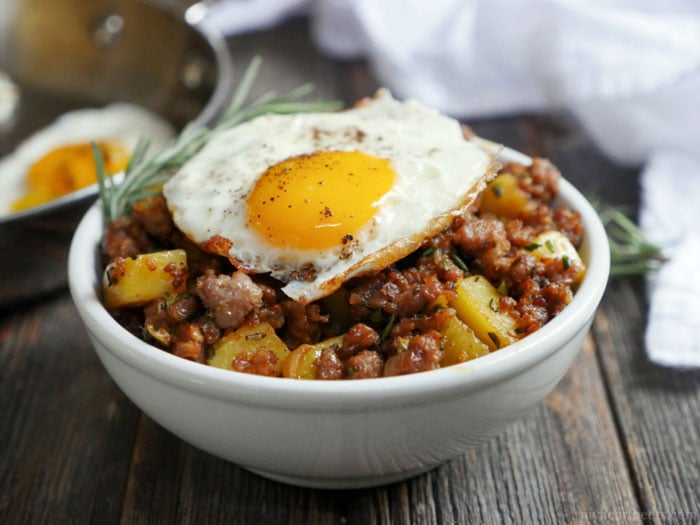 Spicy Rosemary Sausage and Potato Breakfast Hash by Ashley of MyHeartBeets.com