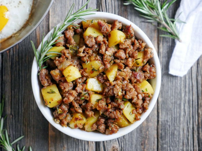 Spicy Rosemary Sausage and Potato Breakfast Hash by Ashley of MyHeartBeets.com