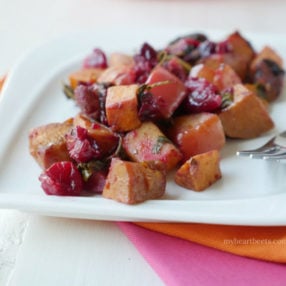 A sweet potato cranberry apple bake by myheartbeets.com