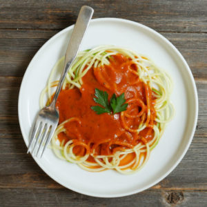 Zoodles (zucchini noodles) with Paleo Vodka Sauce by MyHeartBeets.com