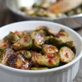 Roasted Brussels Sprouts with Bacon Crumbles and Apple Cider Glaze by Ashley of MyHeartBeets.com