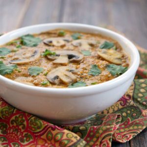This recipe for Mushroom Mattar Methi Malai is a rich and creamy Indian dish that's vegan and paleo-friendly. Recipe by Ashley of MyHeartBeets.com