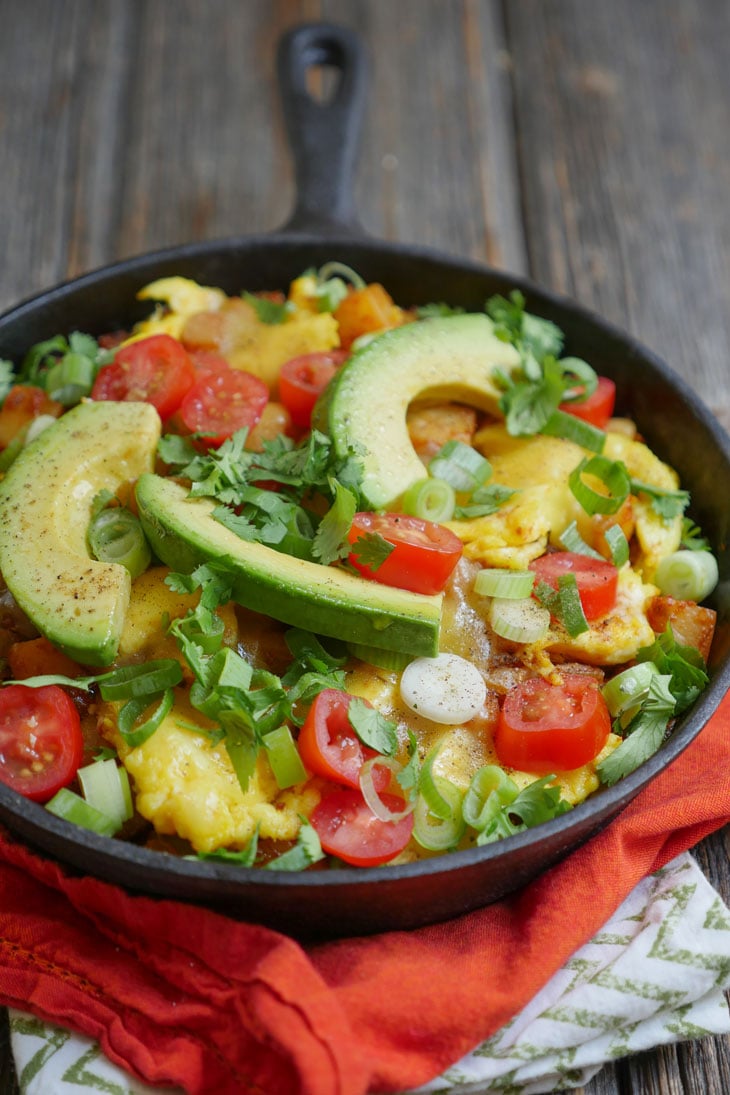 The Ultimate Breakfast Skillet: Potato and Eggs with Avocado, Tomatoes and Green Onions by Ashley of MyHeartBeets.com
