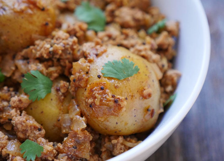 Instant pot ground pork vindaloo with potatoes from myheartbeets.com